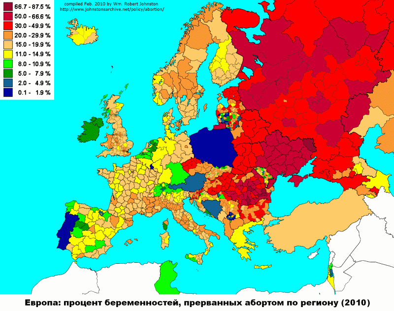 Карта частоты абортов в России, 2010