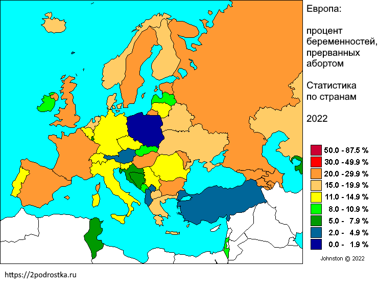 Карта частоты абортов в России и Европе, статистика на 2022 год