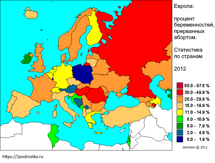Карта частоты абортов в России и Европе, 2012